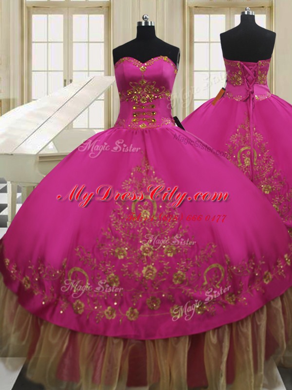 Fuchsia Ball Gowns Sweetheart Sleeveless Taffeta Floor Length Lace Up Beading and Embroidery Ball Gown Prom Dress