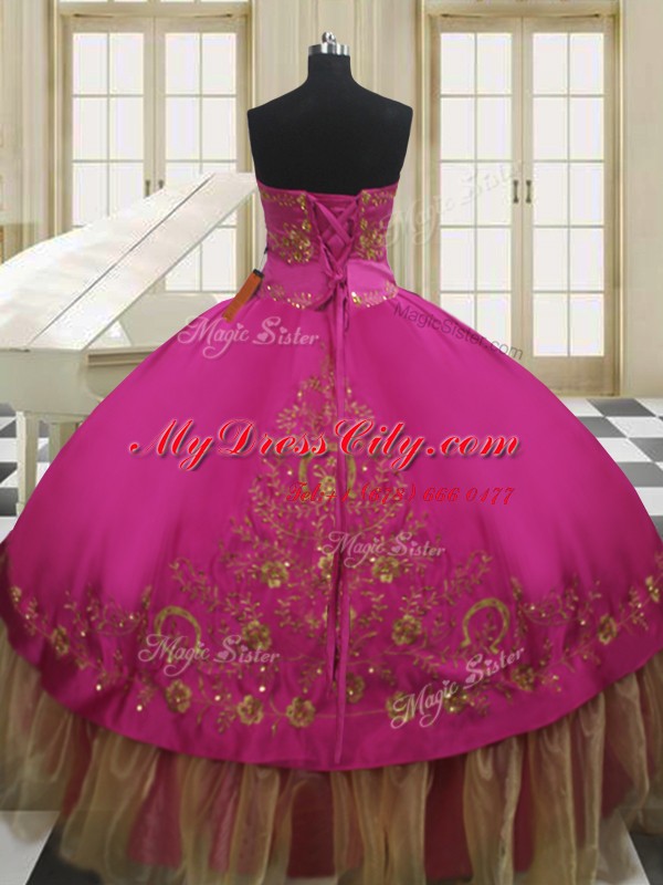 Fuchsia Ball Gowns Sweetheart Sleeveless Taffeta Floor Length Lace Up Beading and Embroidery Ball Gown Prom Dress