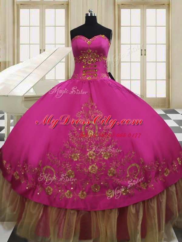 Fuchsia Ball Gowns Sweetheart Sleeveless Taffeta Floor Length Lace Up Beading and Embroidery Ball Gown Prom Dress