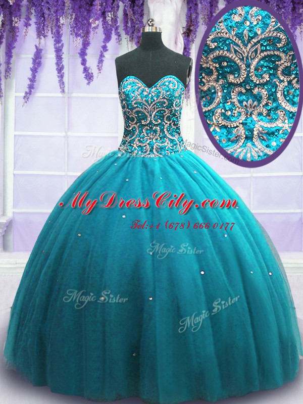 Latest Teal Lace Up Sweetheart Beading Quince Ball Gowns Tulle Sleeveless