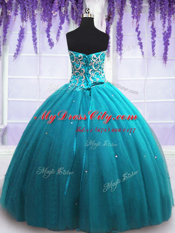 Latest Teal Lace Up Sweetheart Beading Quince Ball Gowns Tulle Sleeveless