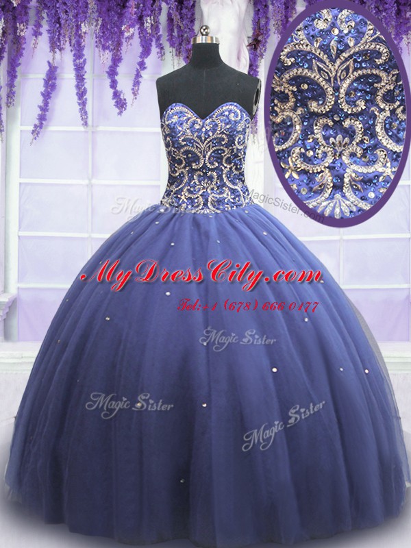 Simple Sleeveless Floor Length Beading Lace Up Ball Gown Prom Dress with Purple