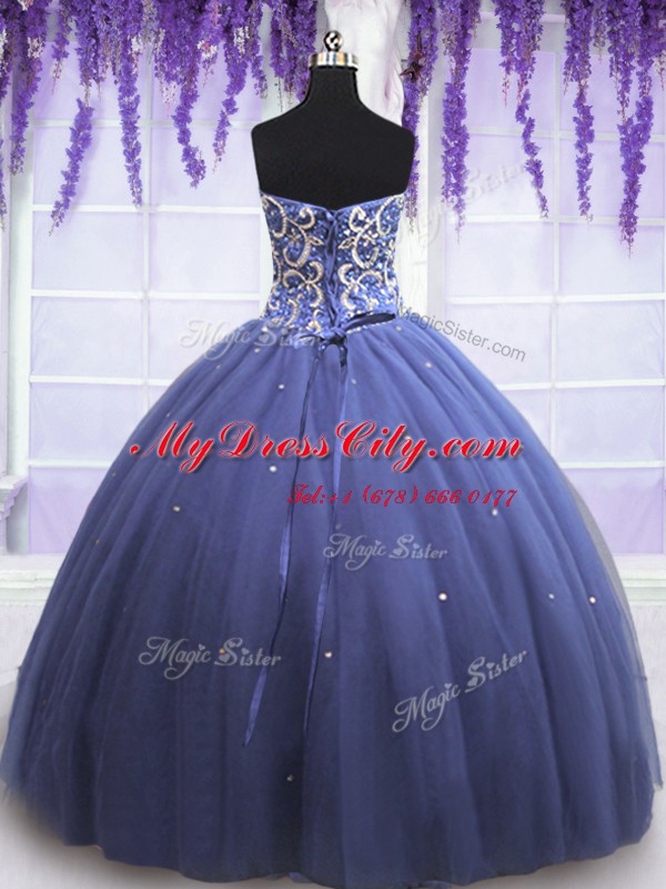 Simple Sleeveless Floor Length Beading Lace Up Ball Gown Prom Dress with Purple