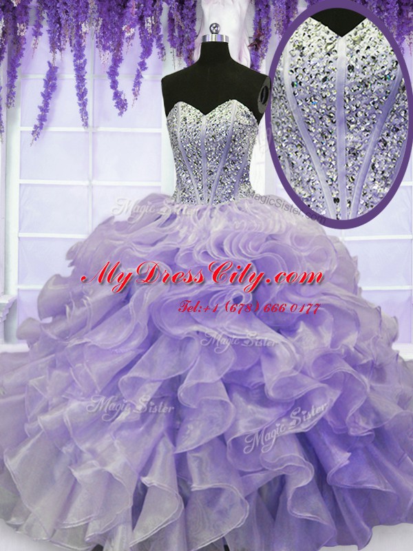 Lavender Quinceanera Gown Military Ball and Sweet 16 and Quinceanera and For with Beading and Ruffles Sweetheart Sleeveless Lace Up