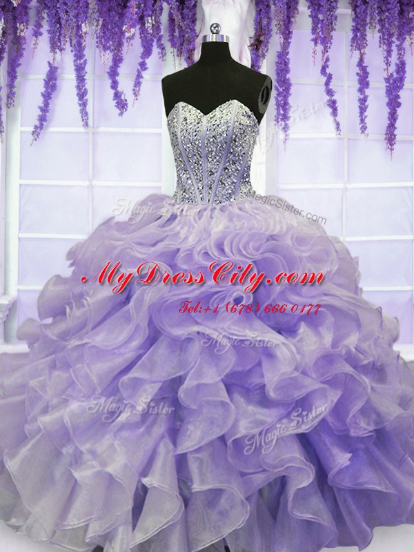 Lavender Quinceanera Gown Military Ball and Sweet 16 and Quinceanera and For with Beading and Ruffles Sweetheart Sleeveless Lace Up