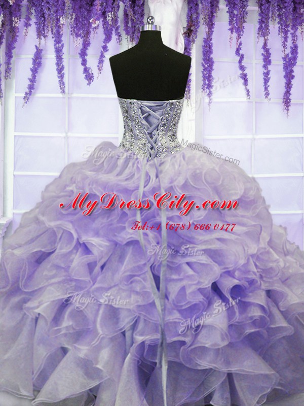 Lavender Quinceanera Gown Military Ball and Sweet 16 and Quinceanera and For with Beading and Ruffles Sweetheart Sleeveless Lace Up