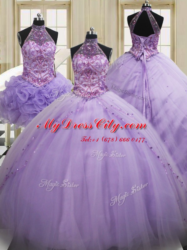 Three Piece Halter Top Lavender Sleeveless Sequins Lace Up Vestidos de Quinceanera