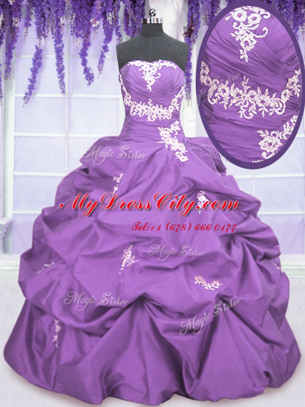 Floor Length Lavender Sweet 16 Dress Taffeta Sleeveless Appliques and Pick Ups