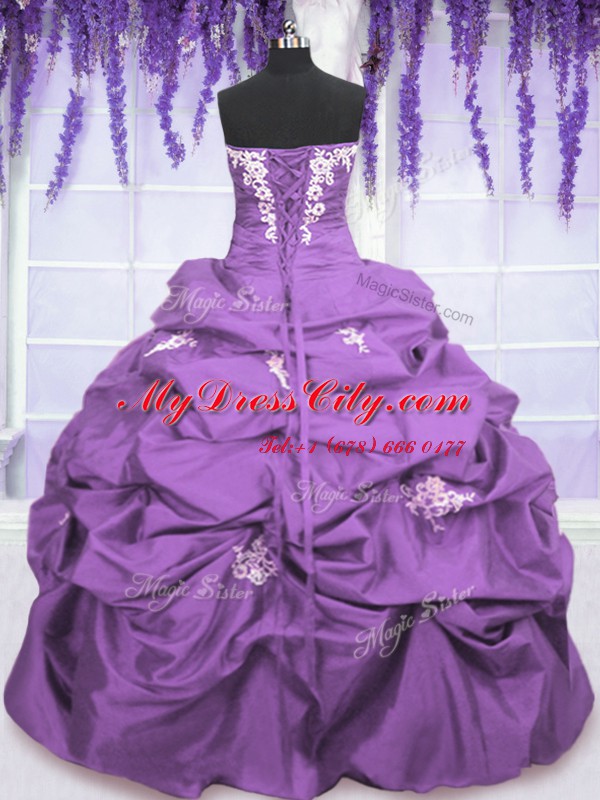 Floor Length Lavender Sweet 16 Dress Taffeta Sleeveless Appliques and Pick Ups