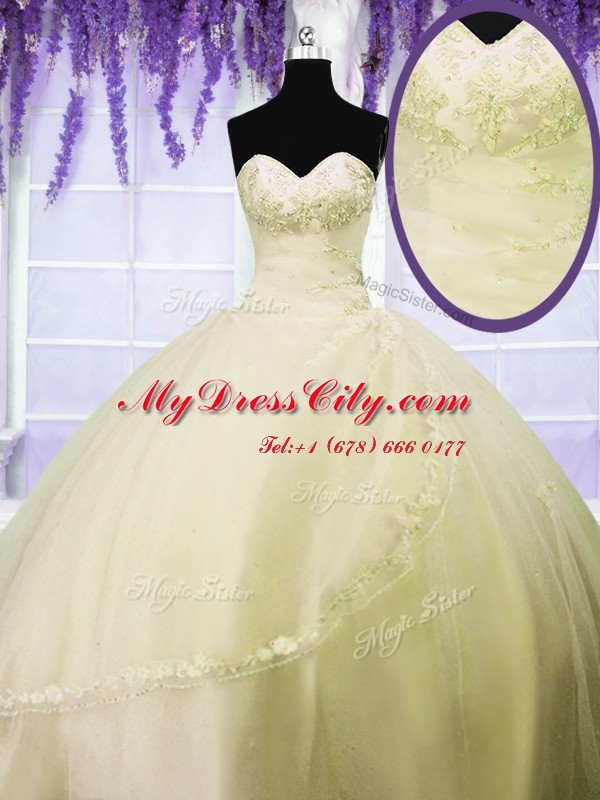 Wonderful Floor Length Light Yellow Sweet 16 Dresses Tulle Sleeveless Appliques