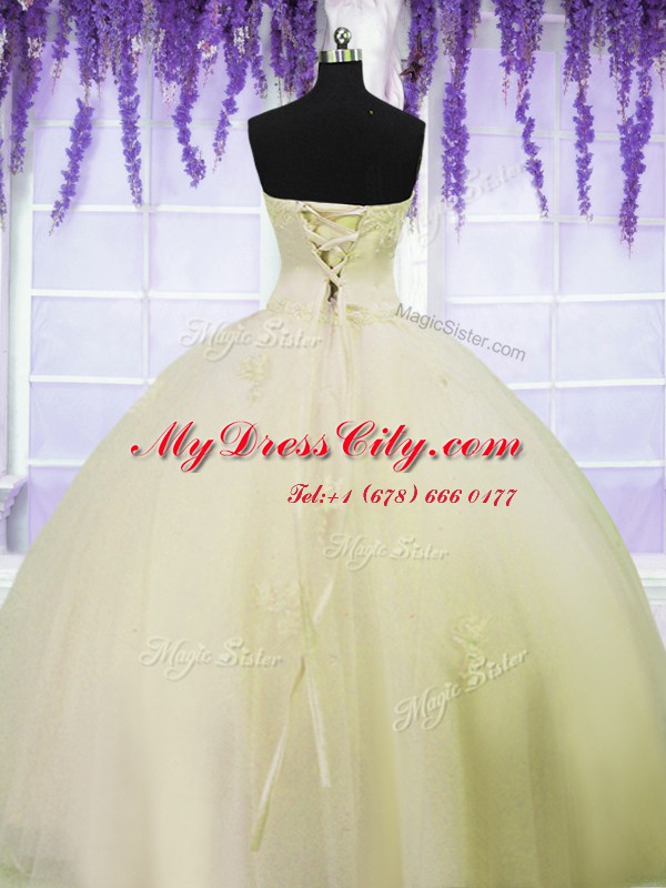 Wonderful Floor Length Light Yellow Sweet 16 Dresses Tulle Sleeveless Appliques