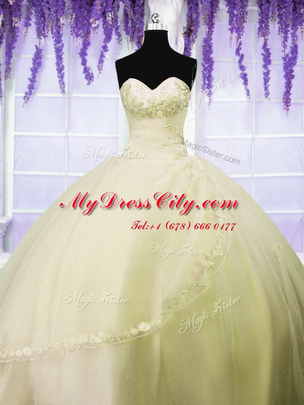 Wonderful Floor Length Light Yellow Sweet 16 Dresses Tulle Sleeveless Appliques