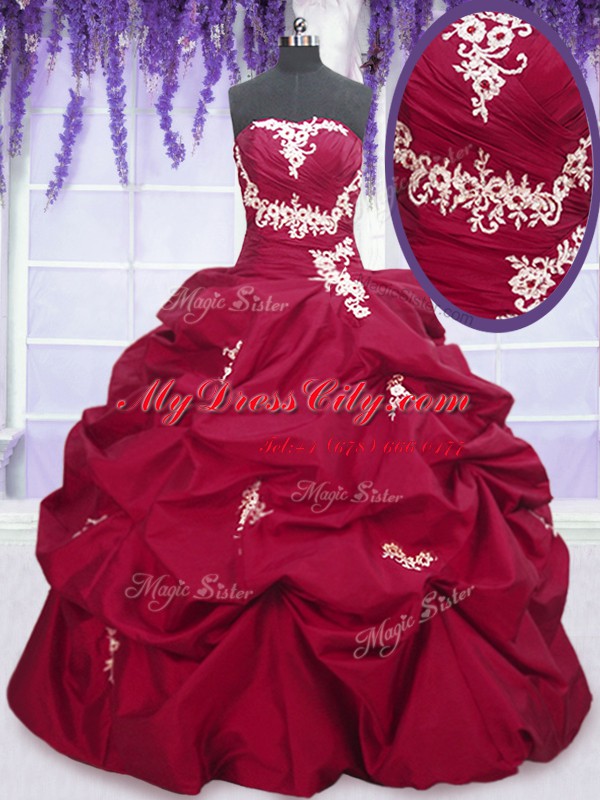 Colorful Fuchsia Taffeta Lace Up Vestidos de Quinceanera Sleeveless Floor Length Appliques and Pick Ups