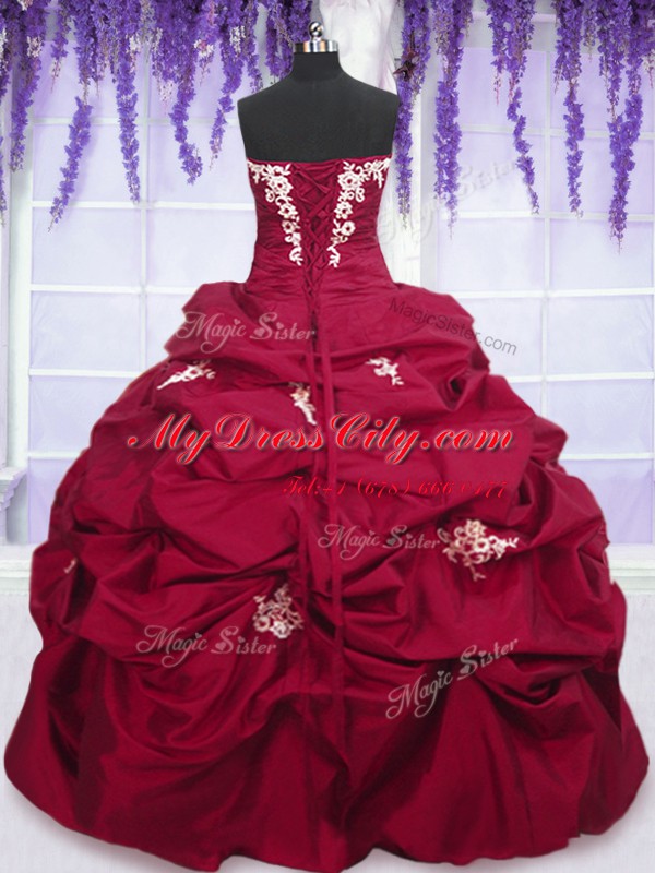 Colorful Fuchsia Taffeta Lace Up Vestidos de Quinceanera Sleeveless Floor Length Appliques and Pick Ups