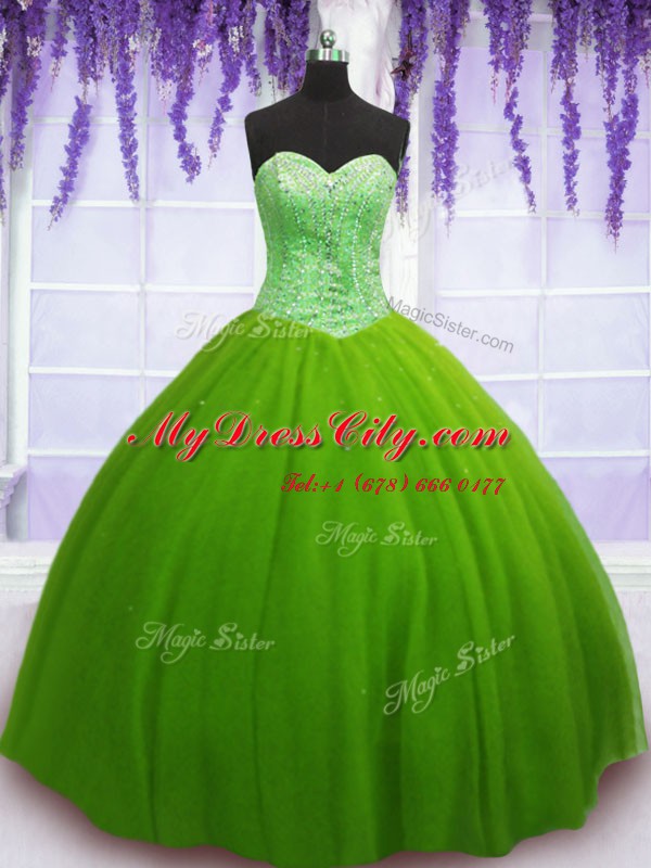 Hot Selling Ball Gowns Sweetheart Sleeveless Tulle Floor Length Lace Up Beading Ball Gown Prom Dress