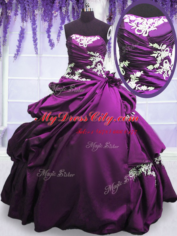 Purple Quinceanera Dresses Military Ball and Sweet 16 and Quinceanera and For with Appliques and Pick Ups Strapless Sleeveless Lace Up