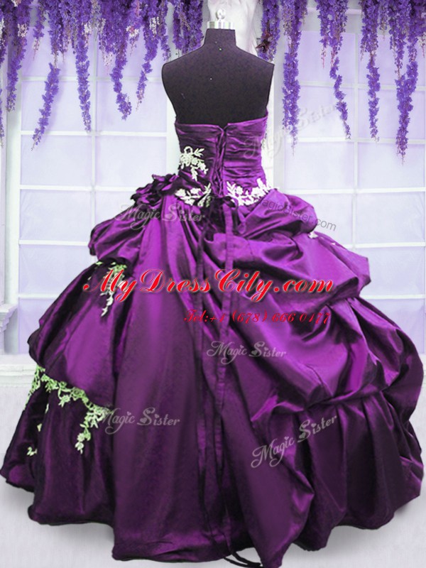 Purple Quinceanera Dresses Military Ball and Sweet 16 and Quinceanera and For with Appliques and Pick Ups Strapless Sleeveless Lace Up