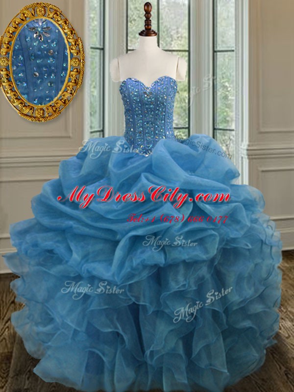 Fabulous Beading and Ruffles Vestidos de Quinceanera Blue Lace Up Sleeveless Floor Length