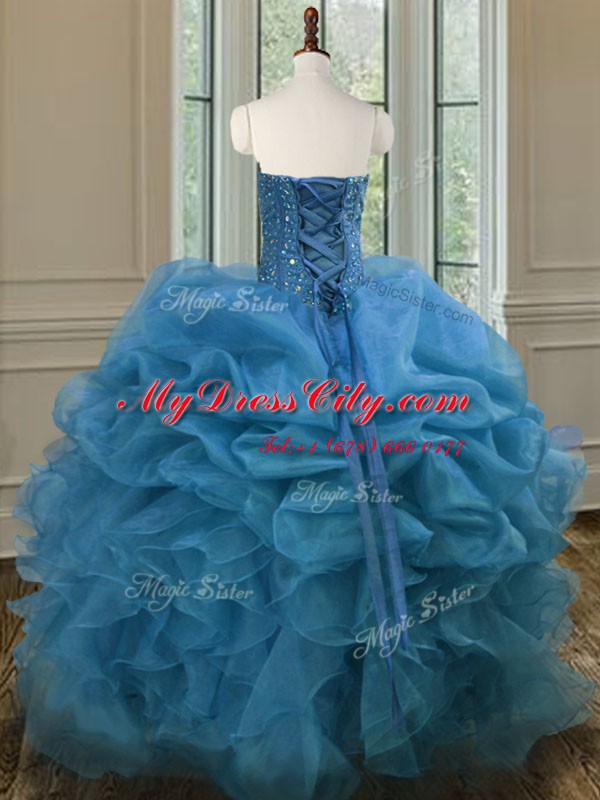 Fabulous Beading and Ruffles Vestidos de Quinceanera Blue Lace Up Sleeveless Floor Length