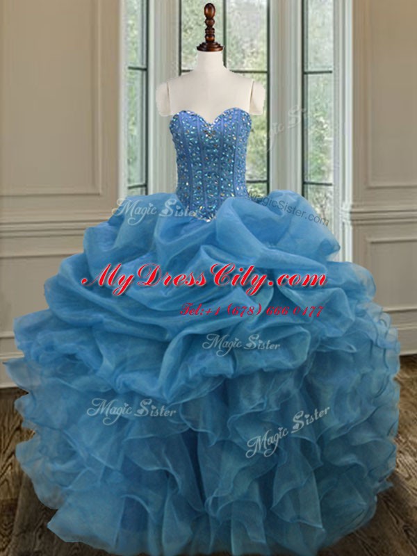 Fabulous Beading and Ruffles Vestidos de Quinceanera Blue Lace Up Sleeveless Floor Length