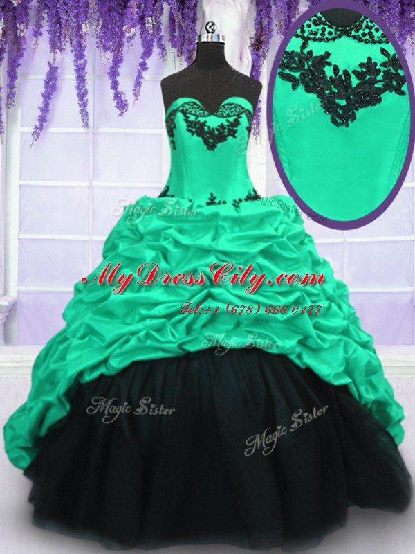 Delicate Pick Ups Turquoise Sleeveless Taffeta Sweep Train Lace Up Quinceanera Gowns for Military Ball and Sweet 16 and Quinceanera