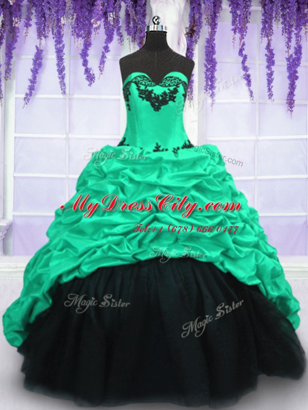 Delicate Pick Ups Turquoise Sleeveless Taffeta Sweep Train Lace Up Quinceanera Gowns for Military Ball and Sweet 16 and Quinceanera