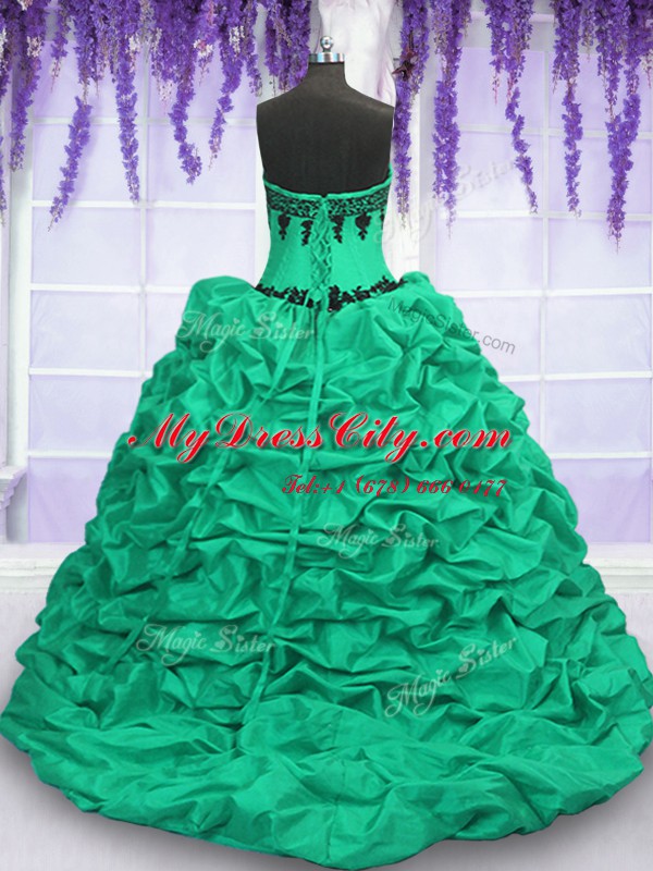 Delicate Pick Ups Turquoise Sleeveless Taffeta Sweep Train Lace Up Quinceanera Gowns for Military Ball and Sweet 16 and Quinceanera