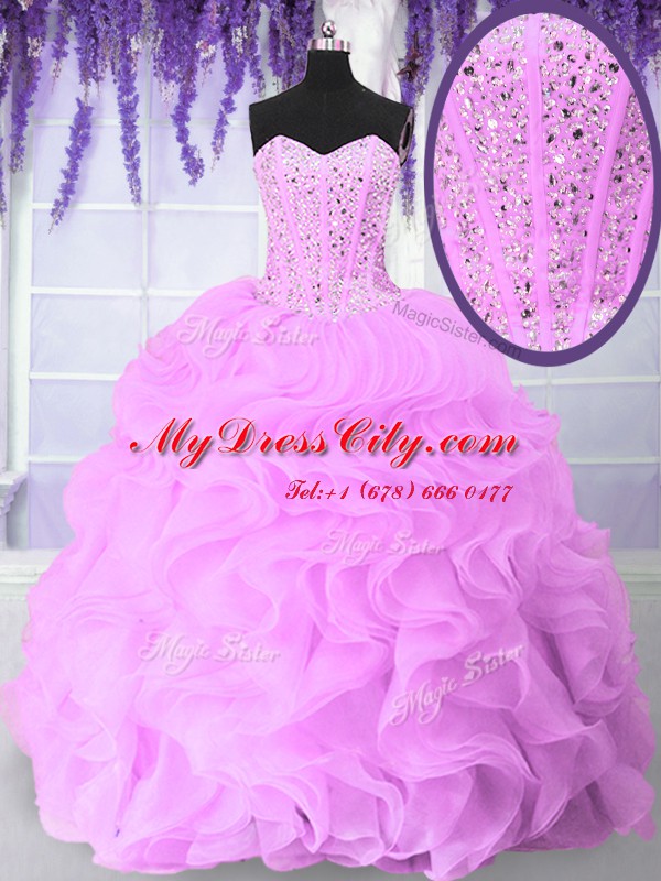 Luxury Sweetheart Sleeveless Quinceanera Dresses Floor Length Beading and Ruffles Lilac Organza