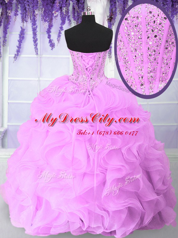 Luxury Sweetheart Sleeveless Quinceanera Dresses Floor Length Beading and Ruffles Lilac Organza