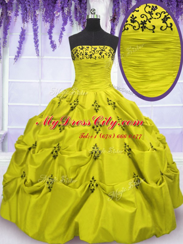 Olive Green Ball Gowns Strapless Sleeveless Taffeta Floor Length Lace Up Embroidery and Ruffled Layers Vestidos de Quinceanera