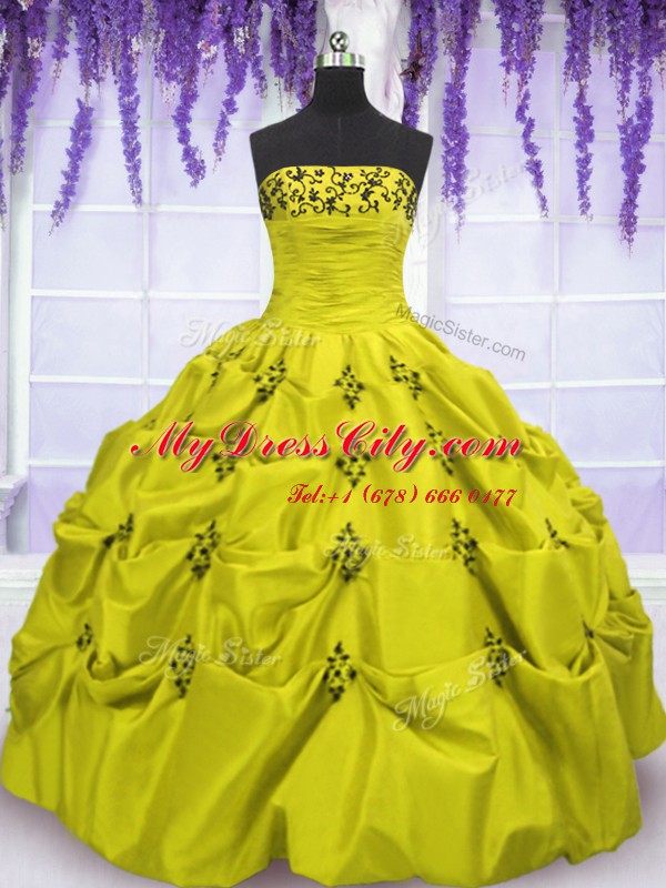 Olive Green Ball Gowns Strapless Sleeveless Taffeta Floor Length Lace Up Embroidery and Ruffled Layers Vestidos de Quinceanera