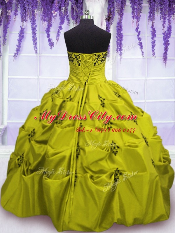 Olive Green Ball Gowns Strapless Sleeveless Taffeta Floor Length Lace Up Embroidery and Ruffled Layers Vestidos de Quinceanera