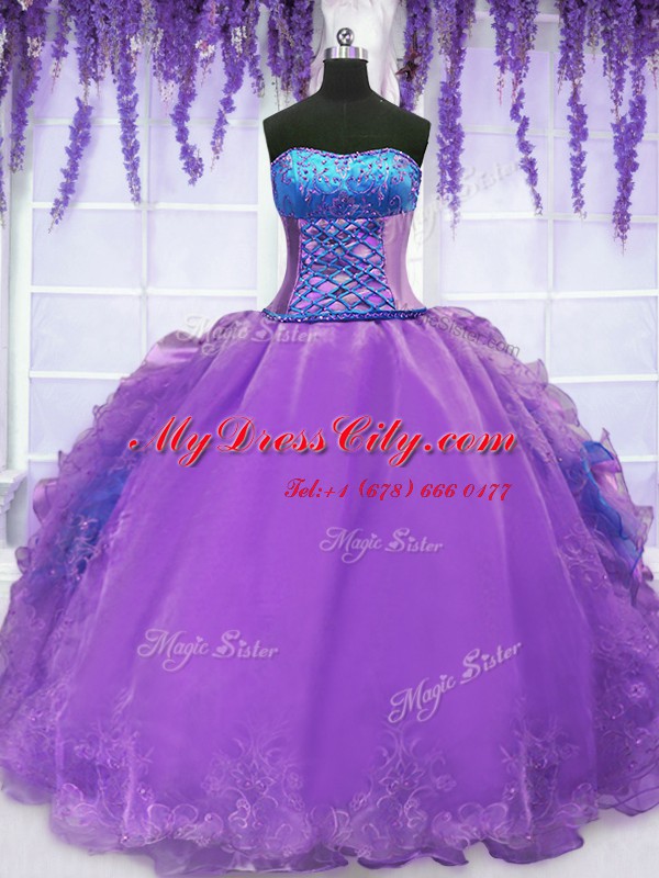 Luxury Purple Sleeveless Organza Lace Up Sweet 16 Dresses for Military Ball and Sweet 16 and Quinceanera