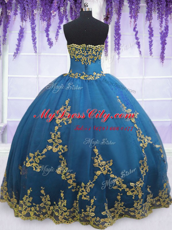 Customized Sleeveless Floor Length Lace and Appliques Zipper Sweet 16 Dress with Teal