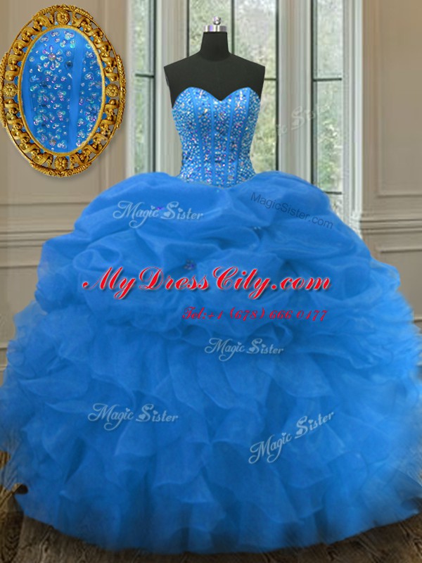 Blue Quinceanera Gown Military Ball and Sweet 16 and Quinceanera and For with Beading and Ruffles and Pick Ups Sweetheart Sleeveless Lace Up