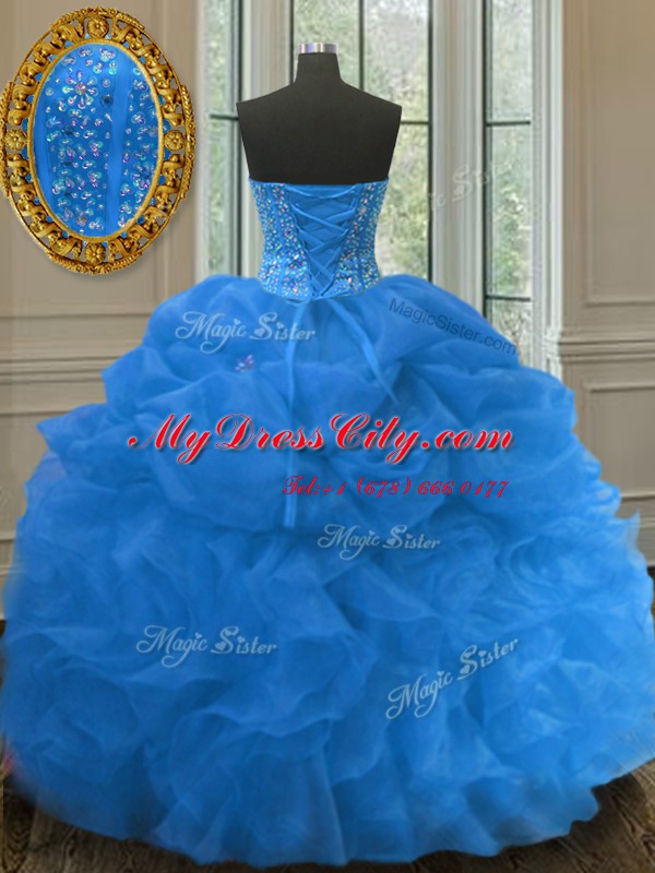 Blue Quinceanera Gown Military Ball and Sweet 16 and Quinceanera and For with Beading and Ruffles and Pick Ups Sweetheart Sleeveless Lace Up