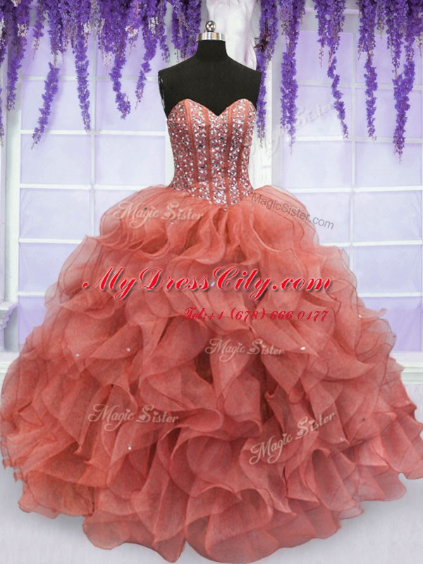 Adorable Watermelon Red Lace Up Sweetheart Beading and Ruffles 15th Birthday Dress Organza Sleeveless