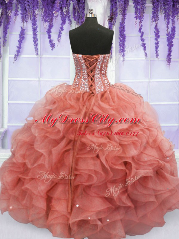 Adorable Watermelon Red Lace Up Sweetheart Beading and Ruffles 15th Birthday Dress Organza Sleeveless