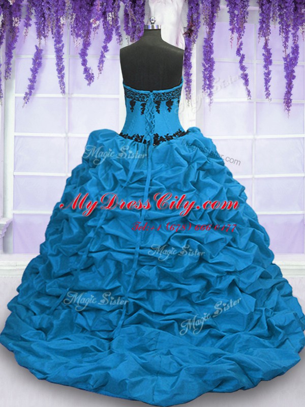 Eye-catching Pick Ups Sweep Train Ball Gowns Ball Gown Prom Dress Blue Sweetheart Taffeta Sleeveless With Train Lace Up