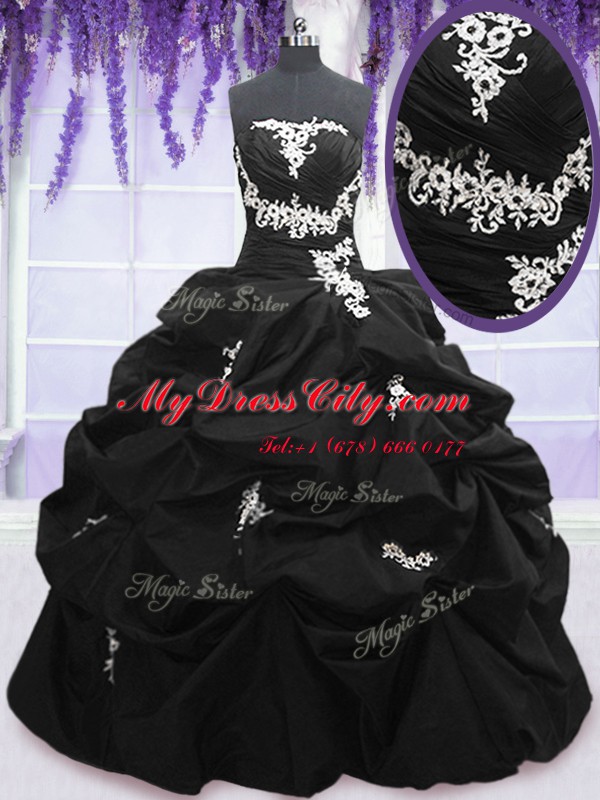 Black Ball Gowns Strapless Sleeveless Taffeta Floor Length Lace Up Appliques and Pick Ups Ball Gown Prom Dress