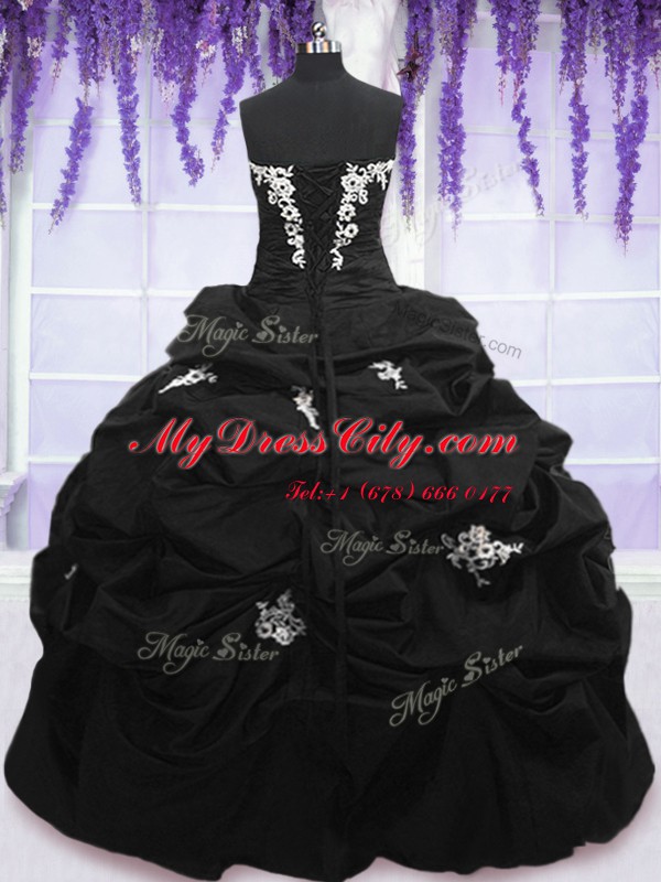 Black Ball Gowns Strapless Sleeveless Taffeta Floor Length Lace Up Appliques and Pick Ups Ball Gown Prom Dress