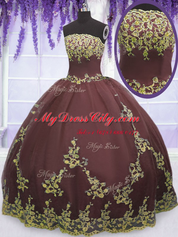 Sleeveless Tulle Floor Length Zipper 15th Birthday Dress in Chocolate with Lace and Appliques