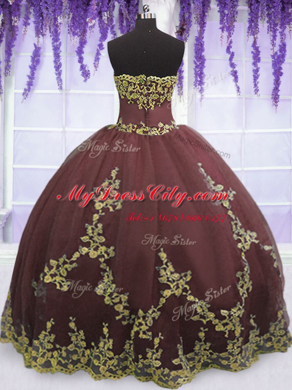 Sleeveless Tulle Floor Length Zipper 15th Birthday Dress in Chocolate with Lace and Appliques