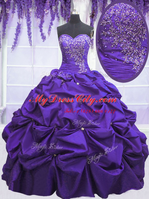 Colorful Sleeveless Taffeta Floor Length Lace Up Sweet 16 Dress in Purple with Beading and Pick Ups