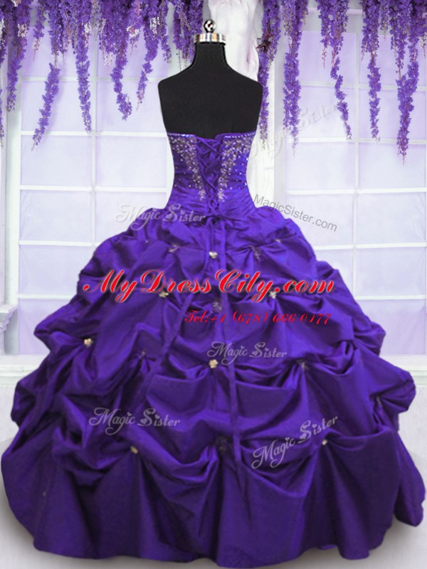 Colorful Sleeveless Taffeta Floor Length Lace Up Sweet 16 Dress in Purple with Beading and Pick Ups