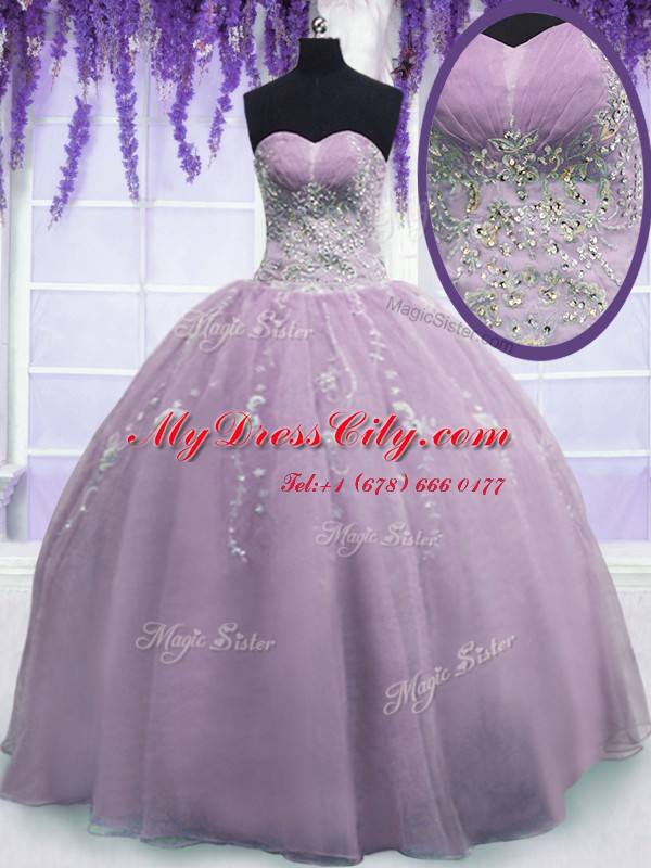 Great Sleeveless Floor Length Beading Zipper Quinceanera Dress with Lilac