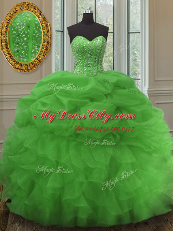 Chic Green Sweetheart Lace Up Beading and Ruffles and Pick Ups Quinceanera Gown Sleeveless