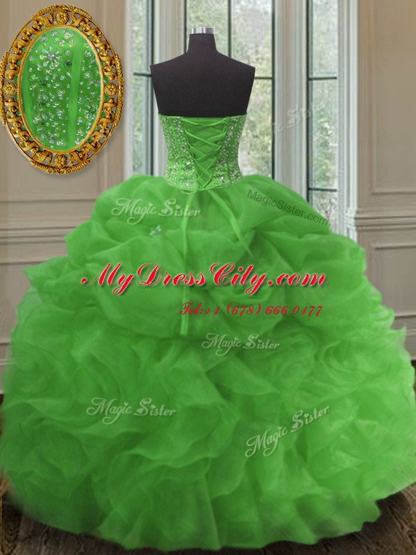 Chic Green Sweetheart Lace Up Beading and Ruffles and Pick Ups Quinceanera Gown Sleeveless