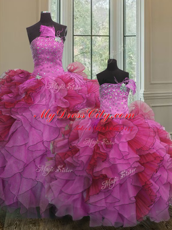 Floor Length Lace Up Ball Gown Prom Dress Multi-color for Military Ball and Sweet 16 and Quinceanera with Beading and Ruffles