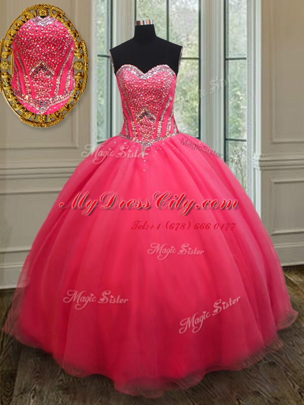 Beading Quince Ball Gowns Coral Red Lace Up Sleeveless Floor Length